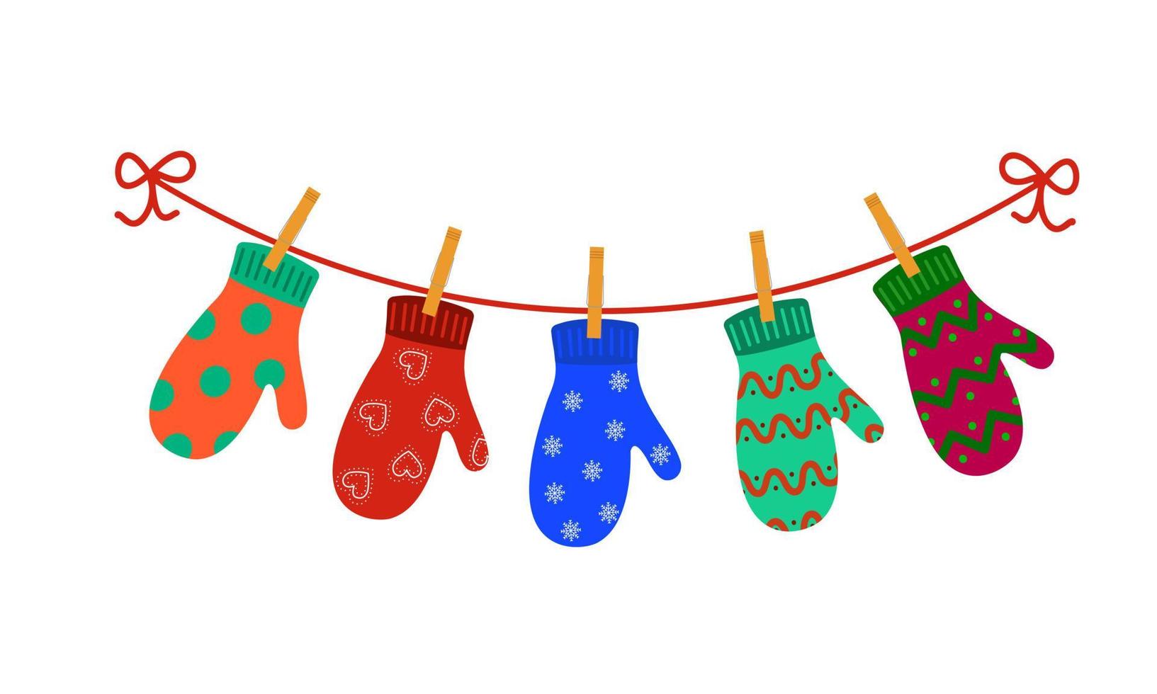 Colorful mittens hanging on clothespins on clothesline. Happy winter holidays concept vector