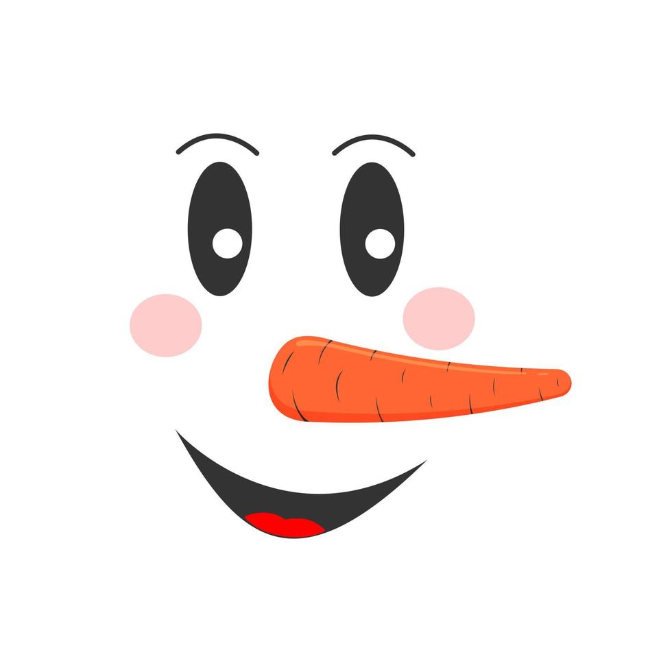 Smiling snowman face with happy emotion. Funny snowman head with carrot nose. Winter holidays character vector