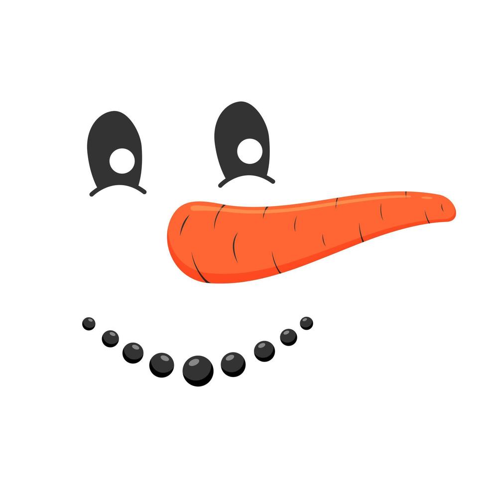 Cute smiling snowman face. Funny snow man head with pebble mouth and carrot nose vector