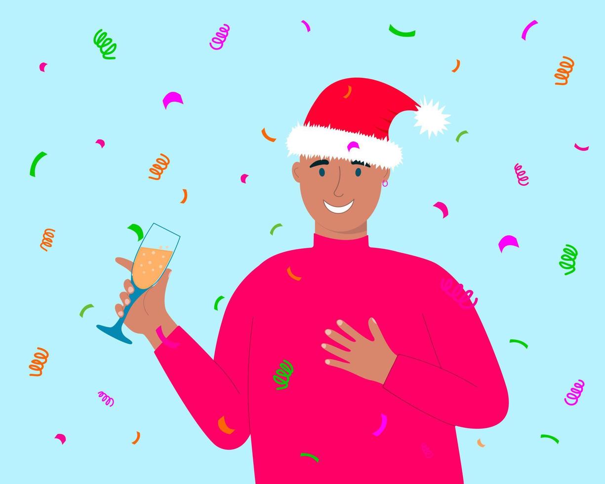 Young man in Santa hat holding glass with champagne and giving toast. Afroamerican smiling guy celebrating Christmas, New Year vector