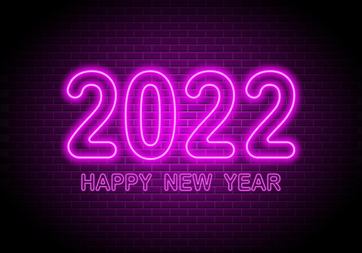 2022 números letrero de neón. Feliz año nuevo brillante texto sobre fondo de pared de ladrillo vector