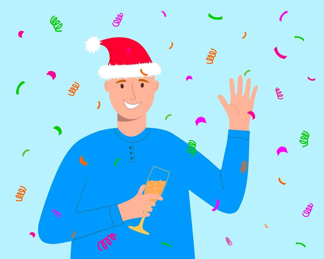 Smiling young man in Santa hat holding glass with champagne and waving hand for greeting. Happy guy celebrating Christmas, New Year vector