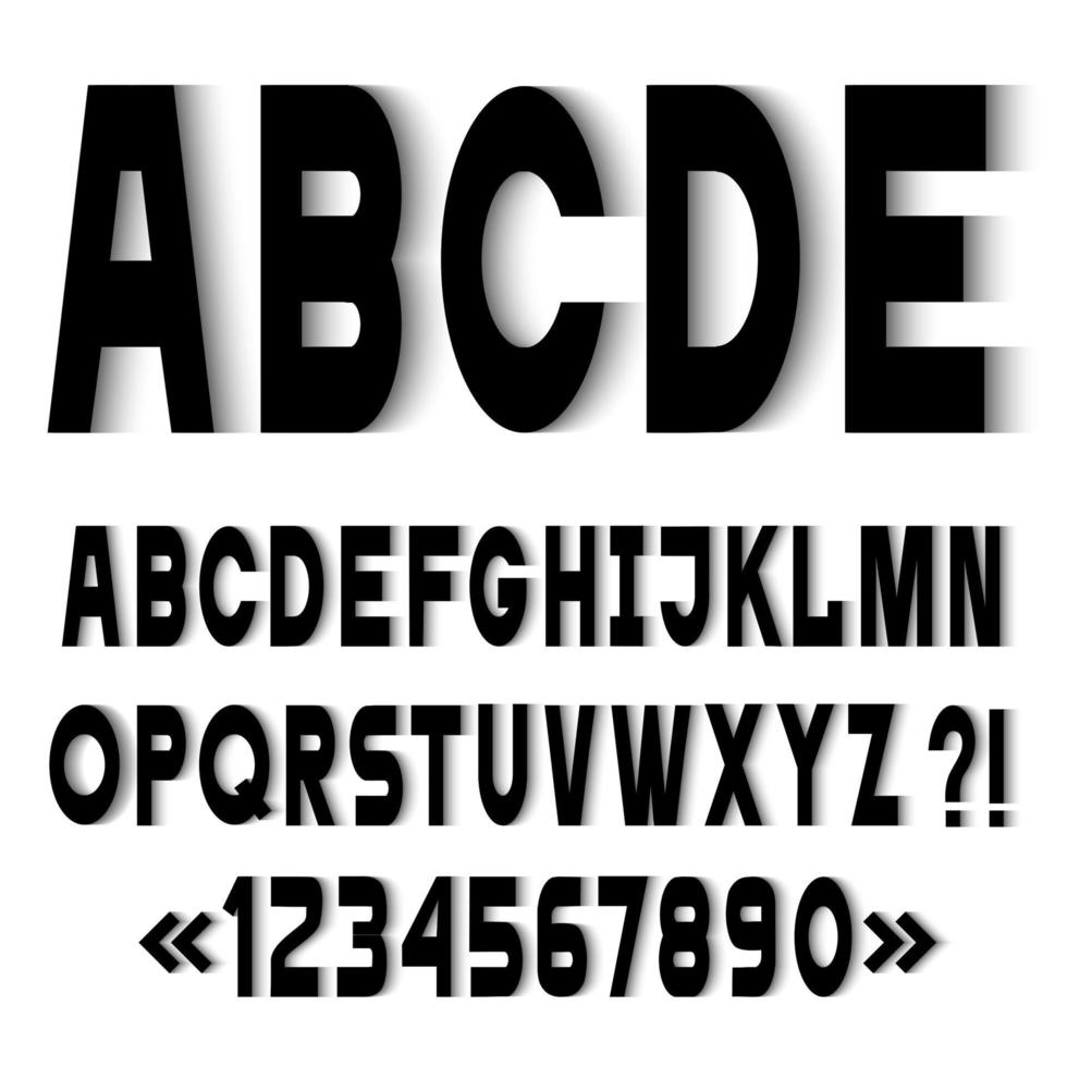 Black simple alphabet letters and numbers with shadows vector
