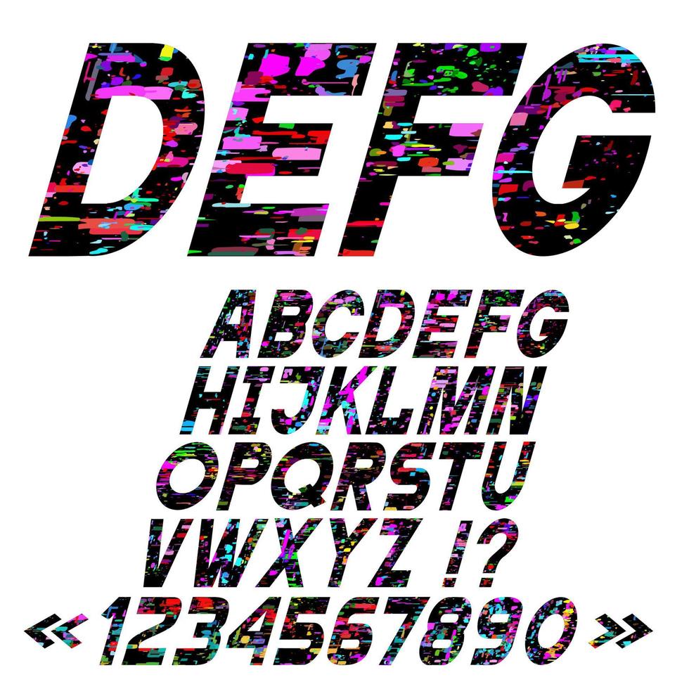 Slanting bright alphabet letters, glitch art style,vector set vector