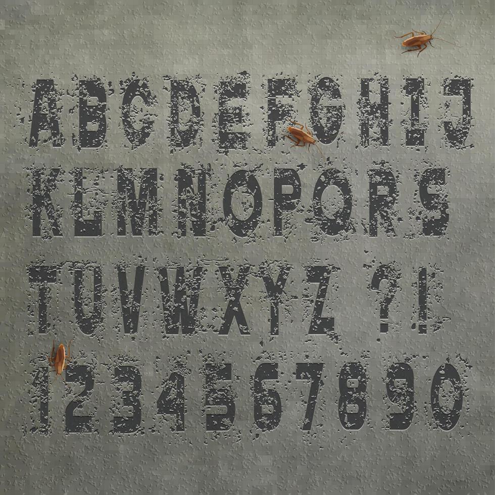 Letras y números del alfabeto grunge en muro de hormigón, conjunto de vectores
