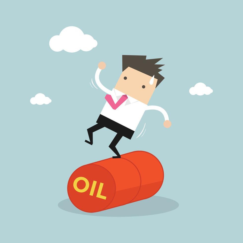 Businessman Balancing on Oil Barrel Rolling. vector