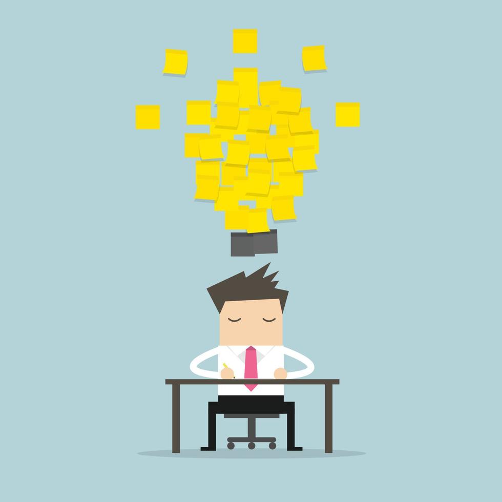 Businessman working with yellow stick note light bulb idea. vector