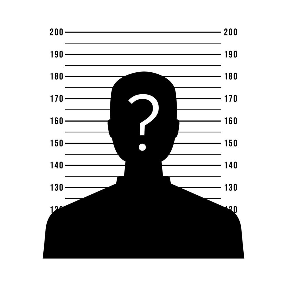 Silhouette of anonymous man with question mark in mugshot or police lineup background. vector