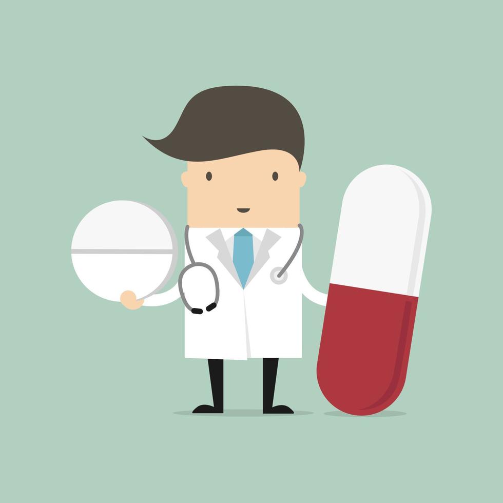 Doctor standing with pills, healthcare concept. vector
