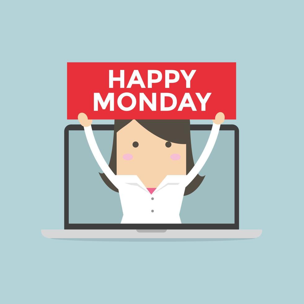 Businesswoman holding Happy Monday sign in computer notebook. vector