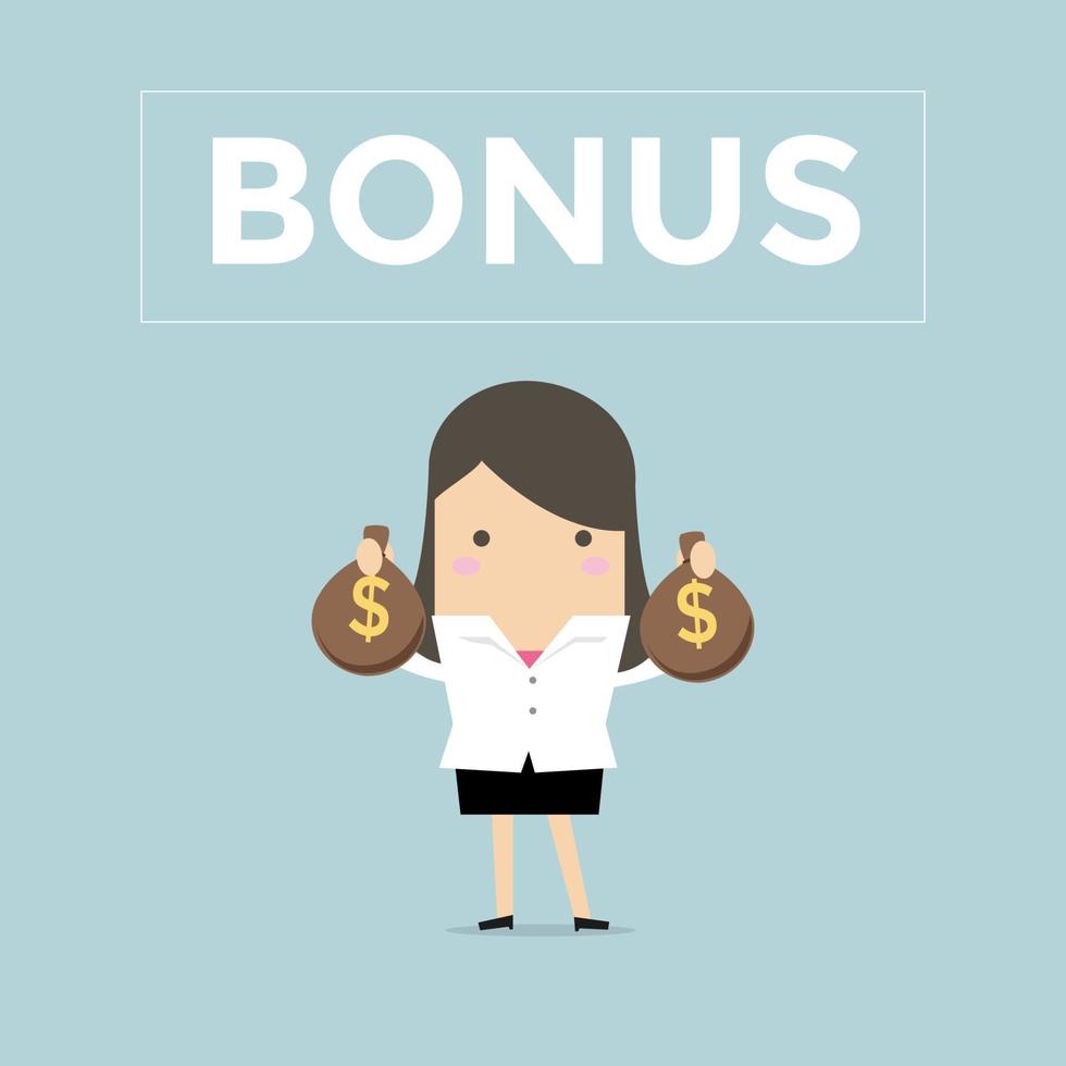Businesswoman holding bonus money bags. vector