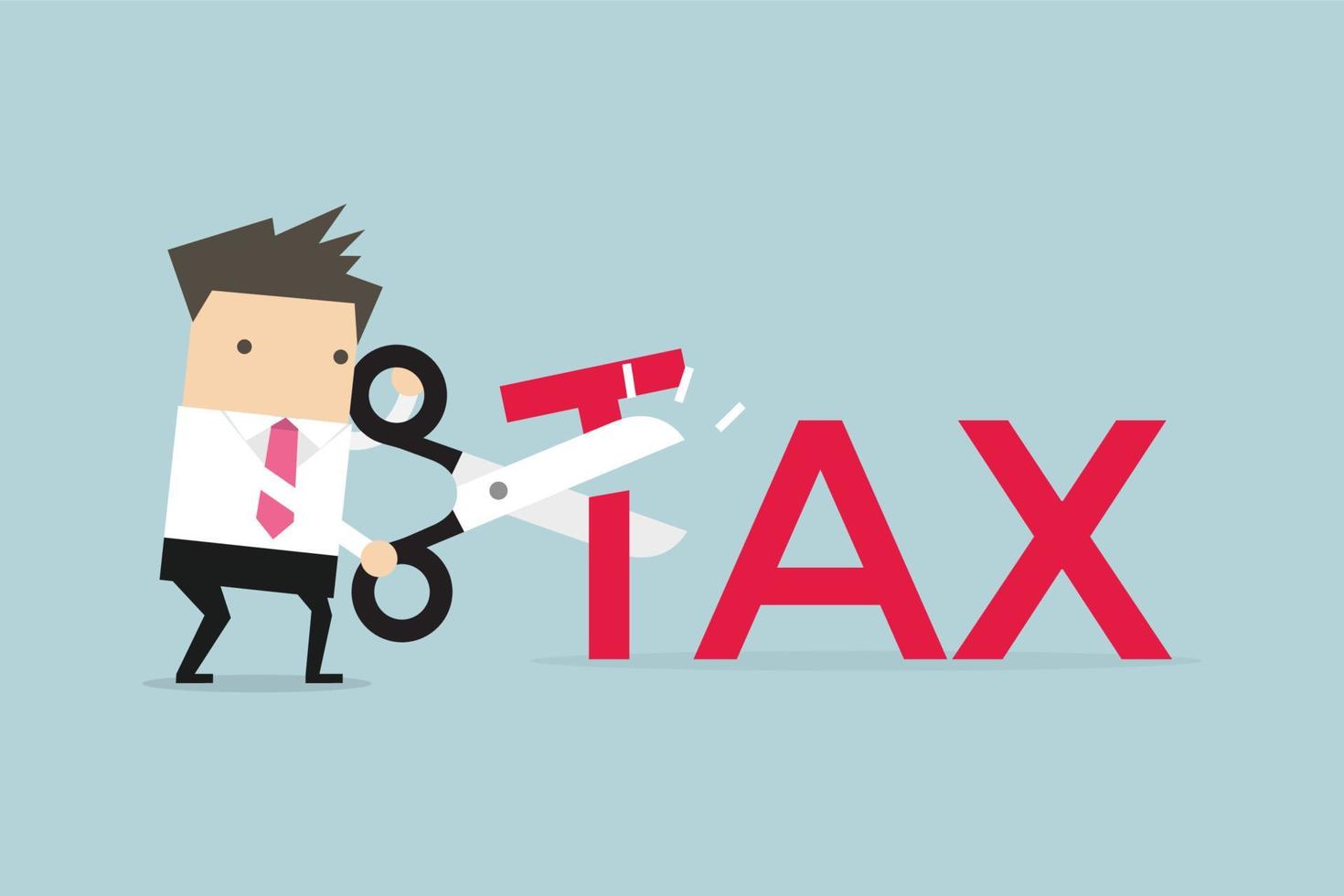 Businessman with scissors cutting big T letter vector illustration. Reduce Tax Business concept.
