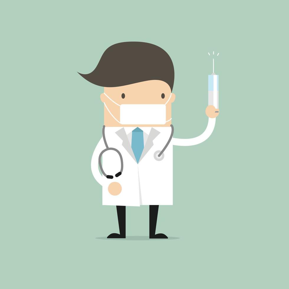 Doctor in mask holding medical injection syringe. vector