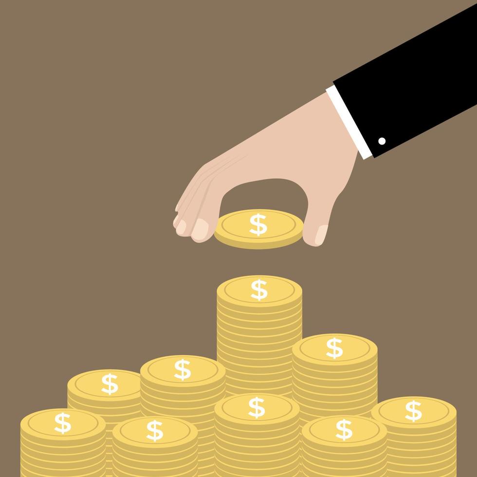 Hand put coin to money staircase. Profit. Making money. For business and finance concept. vector