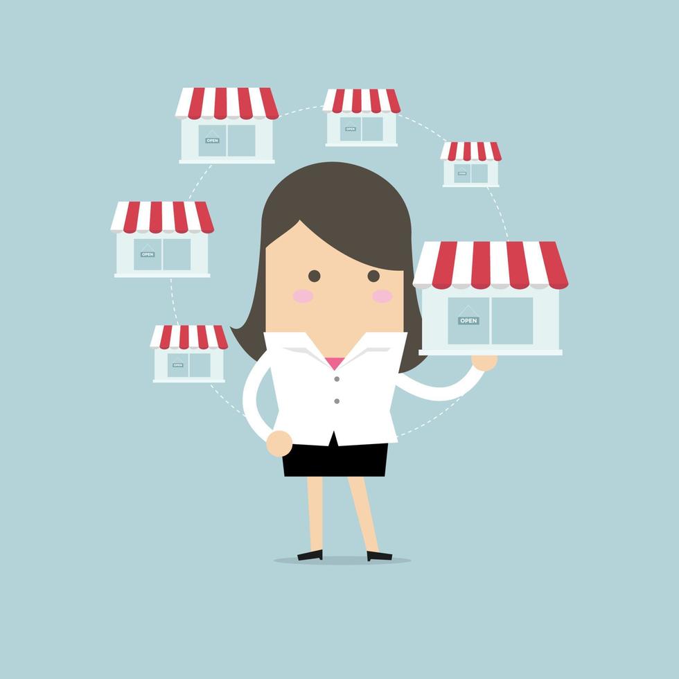 Businesswoman holding shop and money. vector
