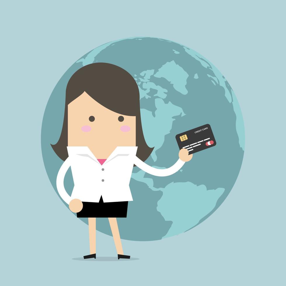 Businesswoman standing holding his a credit card in front of the globe. vector