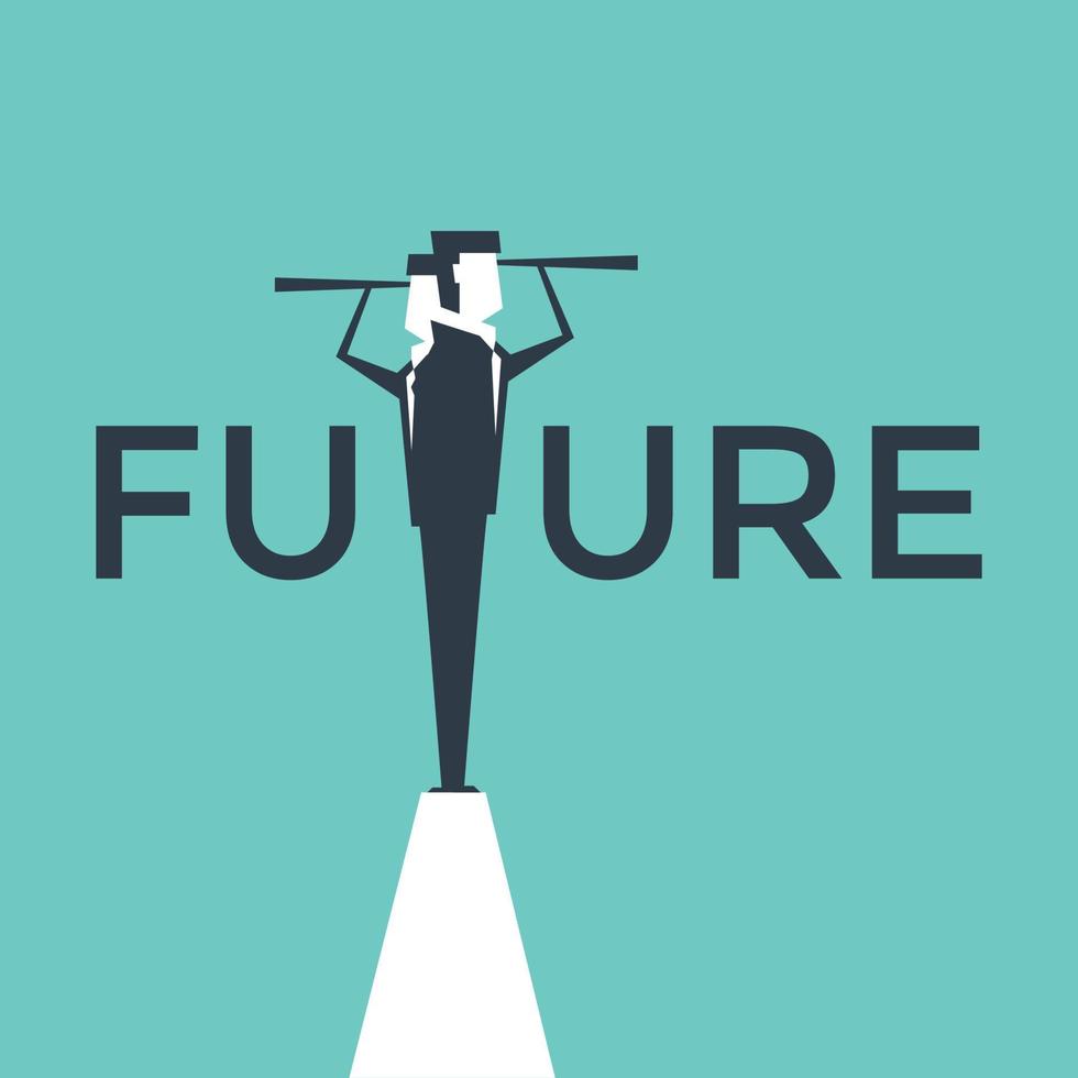 Future concept vector illustration with business man looking through telescope from a cliff.