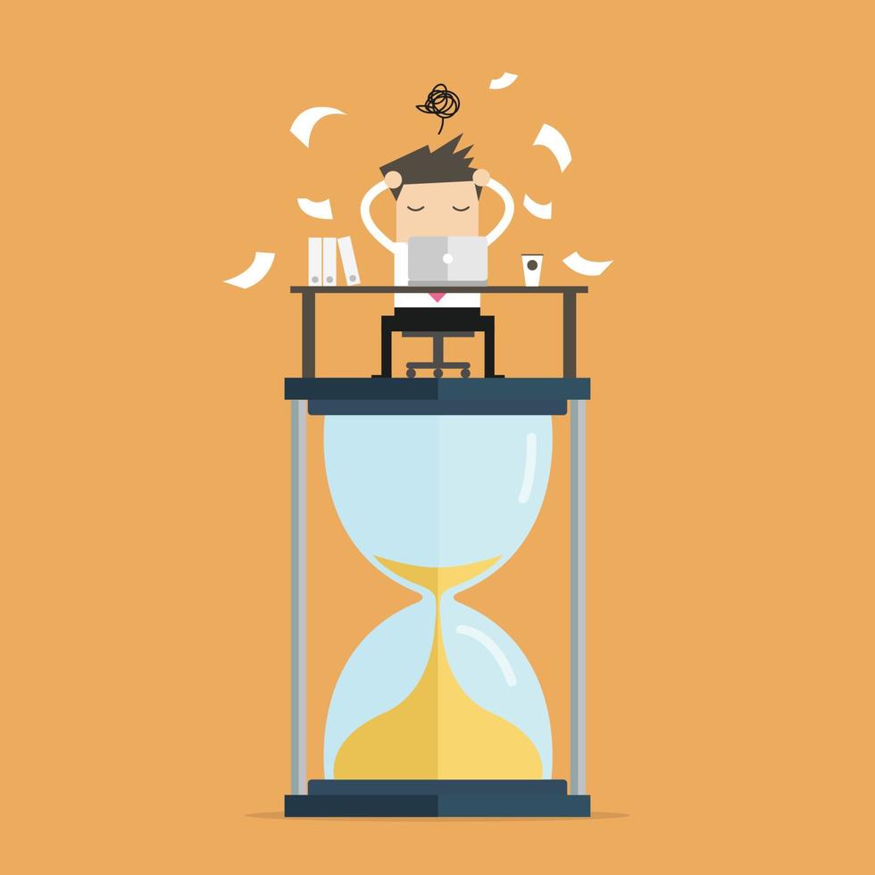 Businessman work hard at computer on big sand clock deadline concept. vector