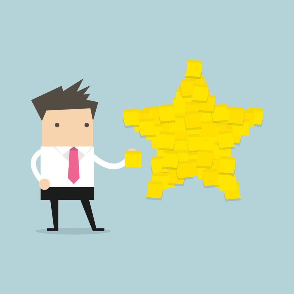 Businessman with star shape yellow sticky notes. vector
