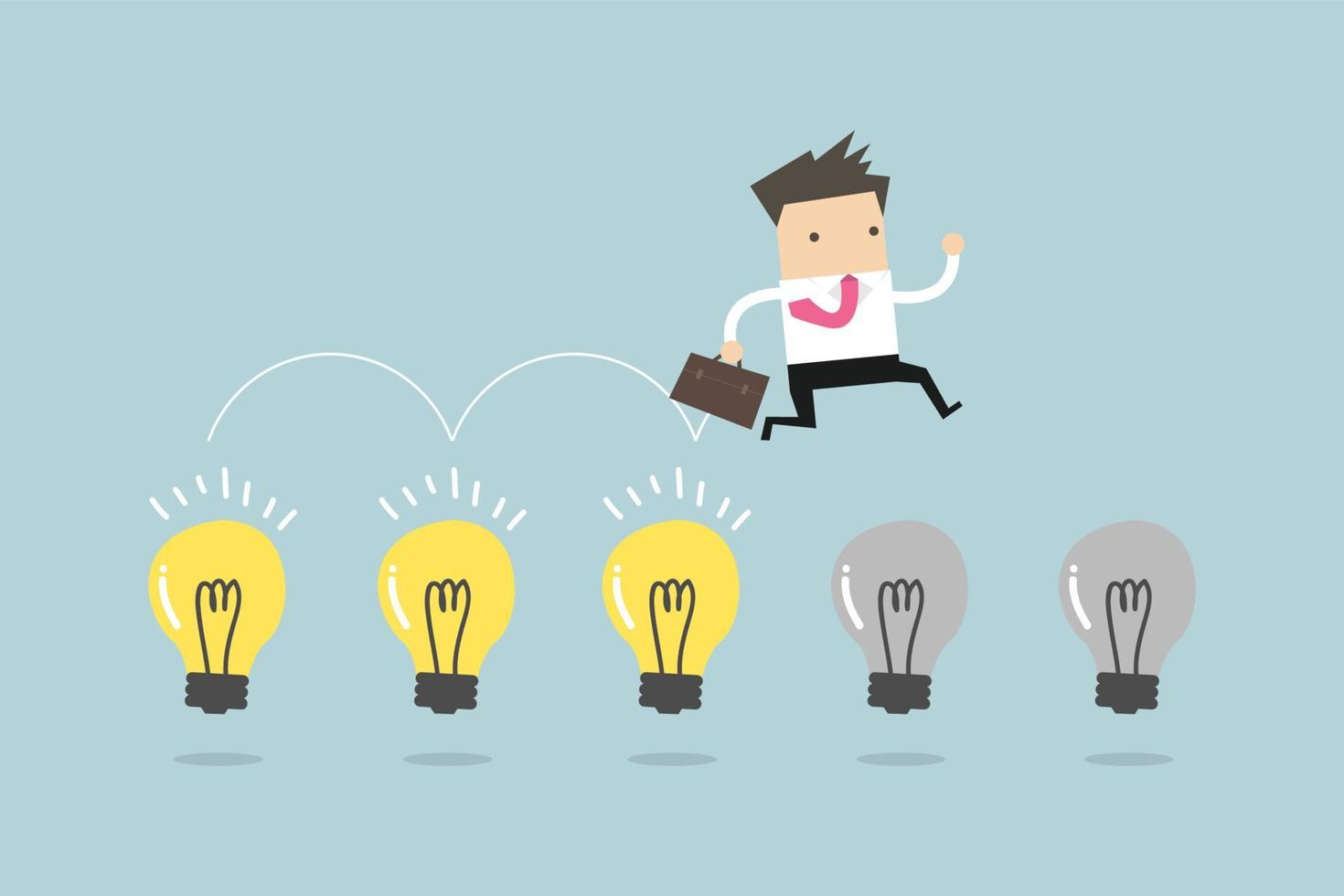 Businessman jump on light bulbs. vector