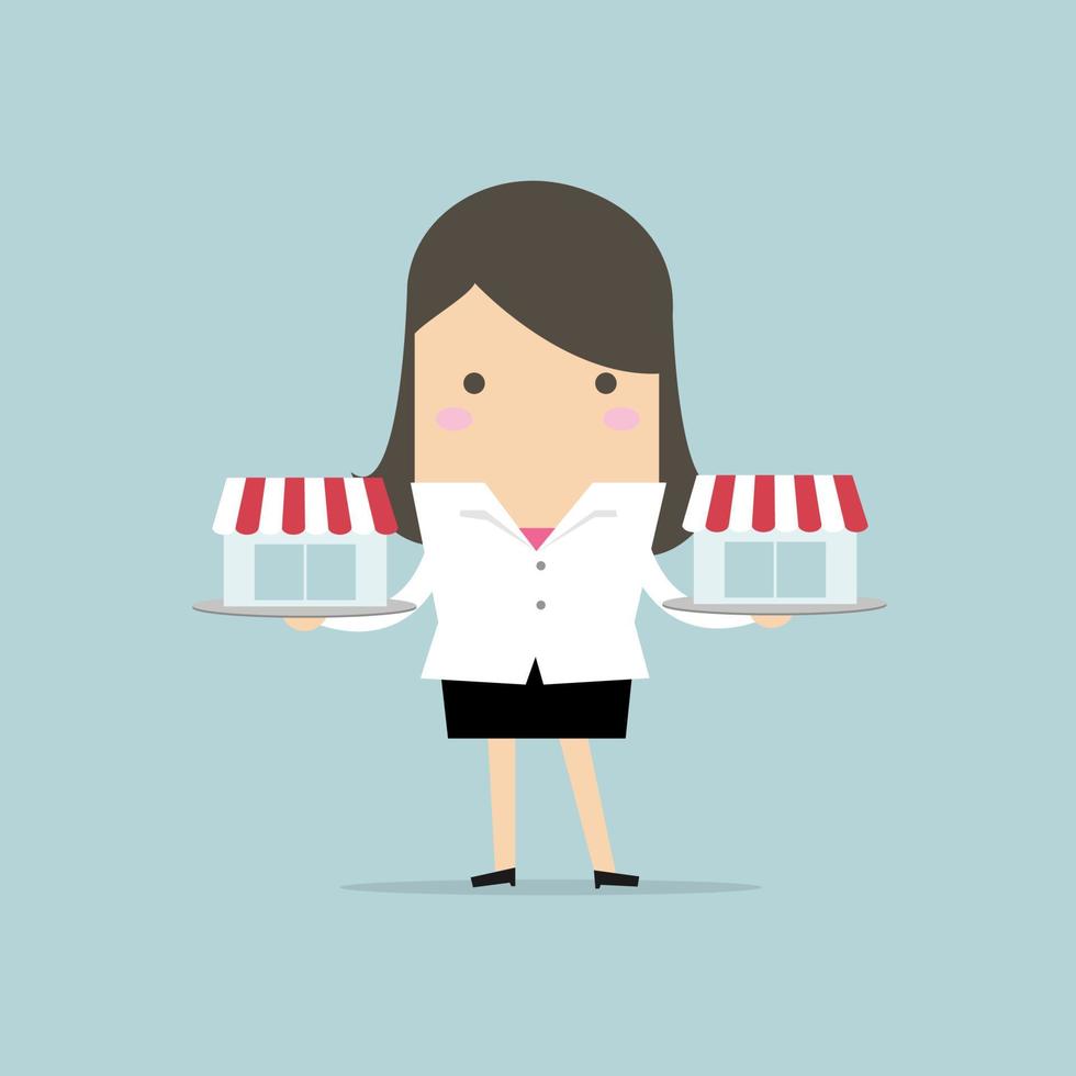 Businesswoman with franchise shop on tray, franchise concept. vector