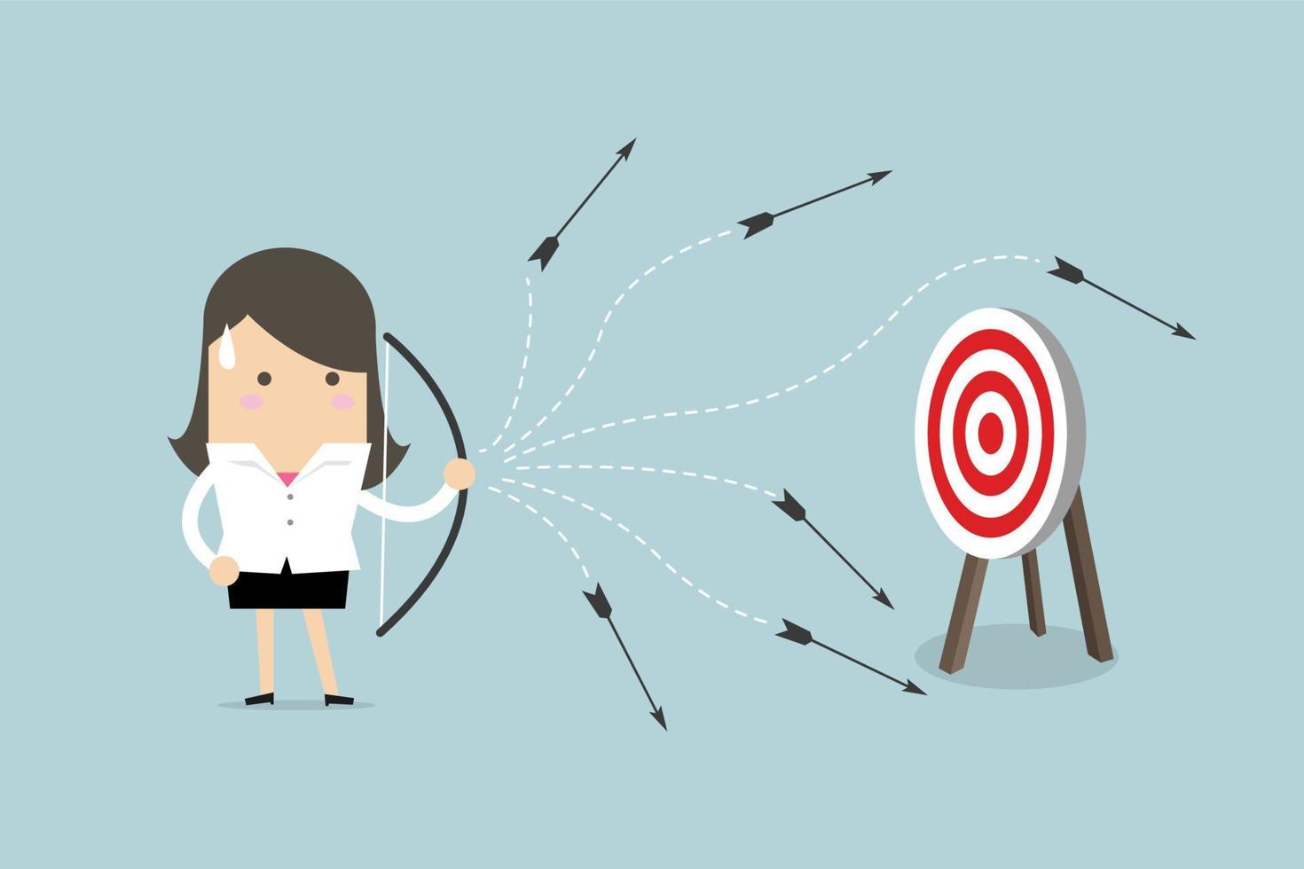 Businesswoman can not hit target with a bow and arrow. vector