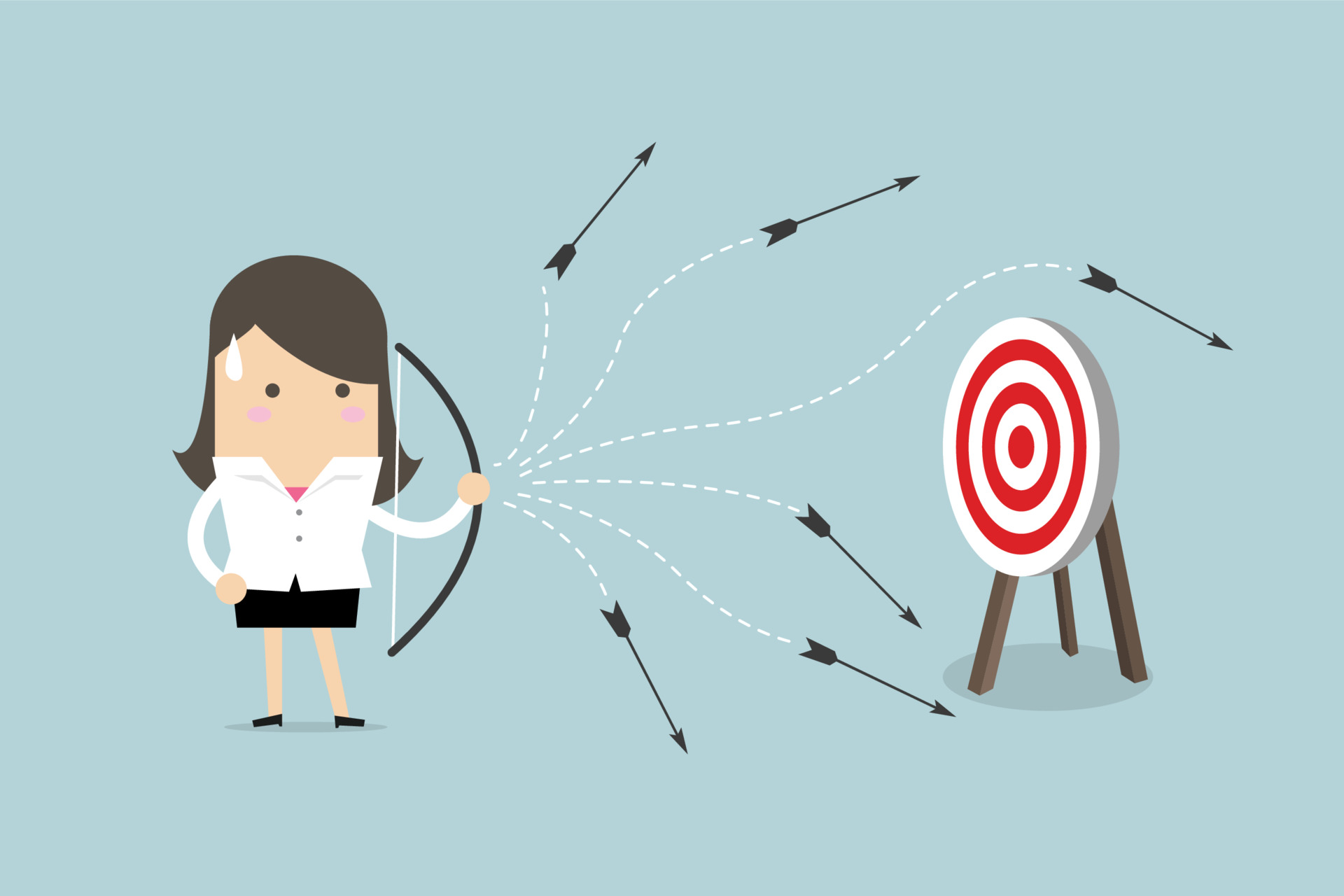 Businesswoman can not hit target with a bow and arrow. 3781070 Vector