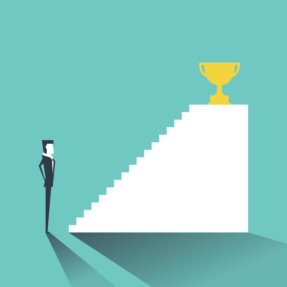 Businessman with stairs to golden trophy as symbol of success. Use as stairs to success. vector
