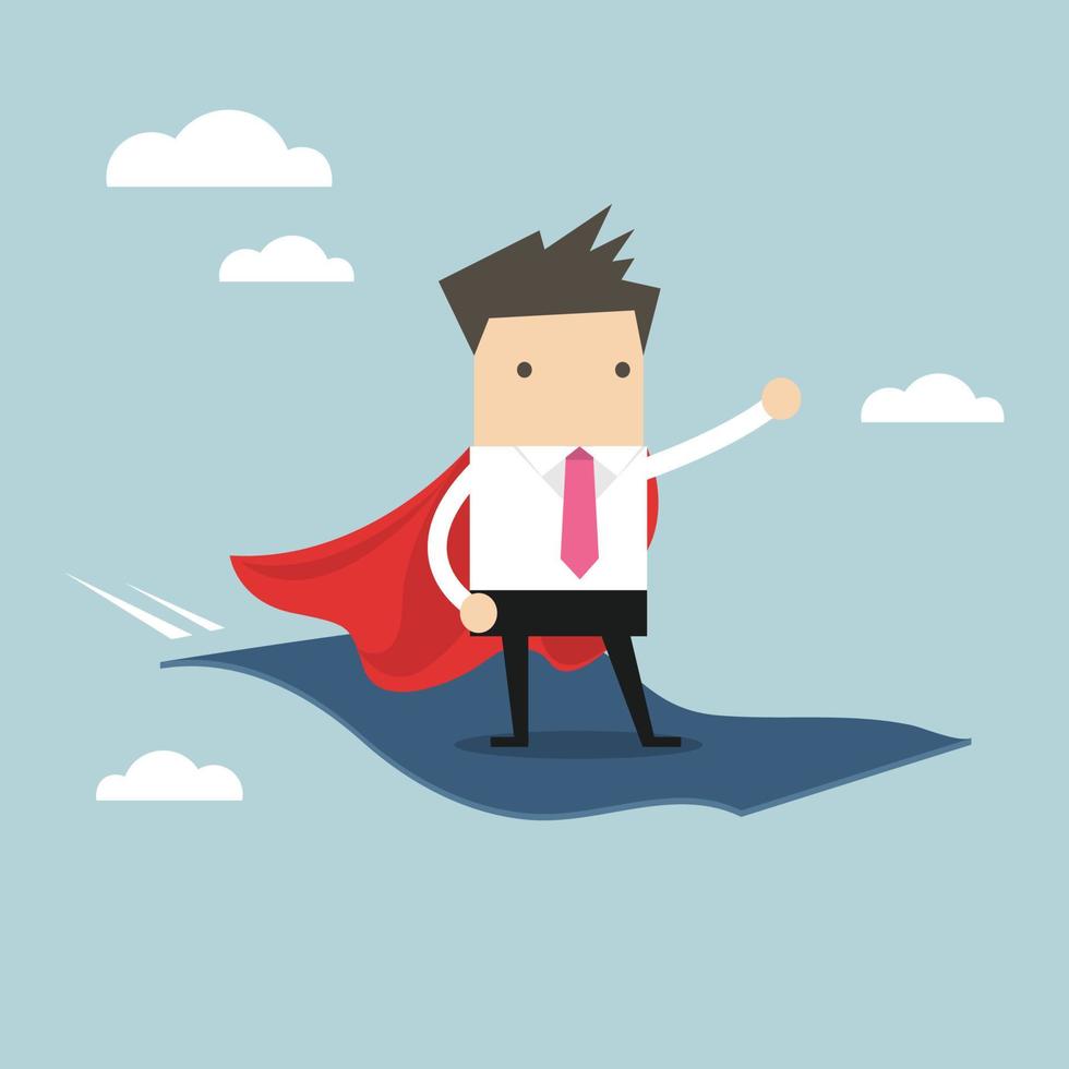 Businessman standing on the flying magic carpet. vector