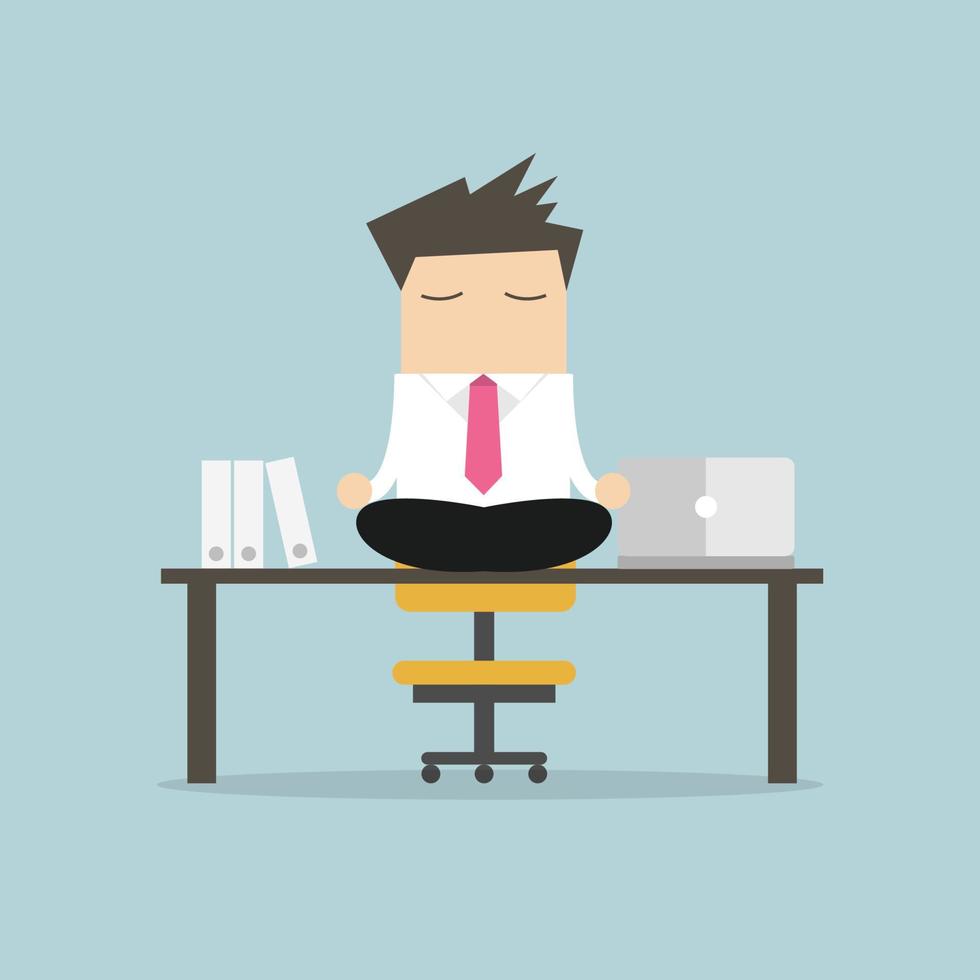Businessman meditation in office. yoga at job. young man relaxing in lotus position on table with computer at work. vector