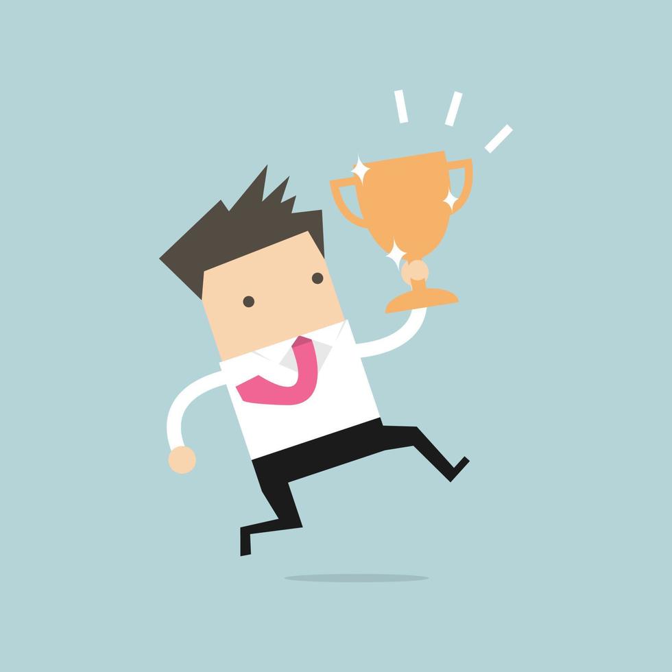 Businessman jumping and holding trophy. vector