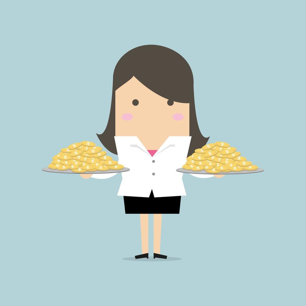 Businesswoman serve money coin on the plate. vector