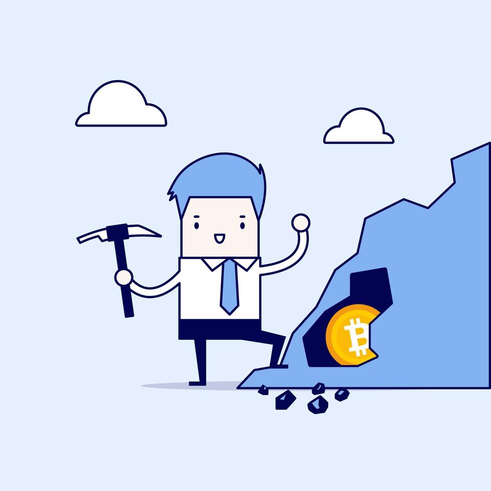 Businessman mining for bitcoin, Cartoon character thin line style vector. vector
