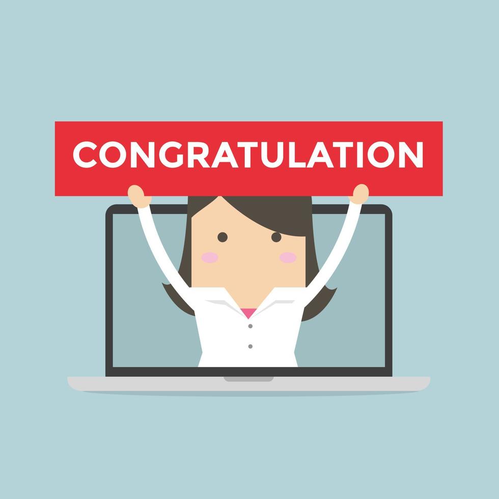 Businesswoman holding Congratulation sign in computer notebook. vector