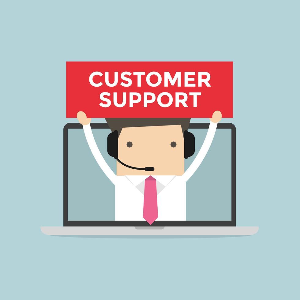 Businessman with headset in a computer, customer service and technical support concept. vector