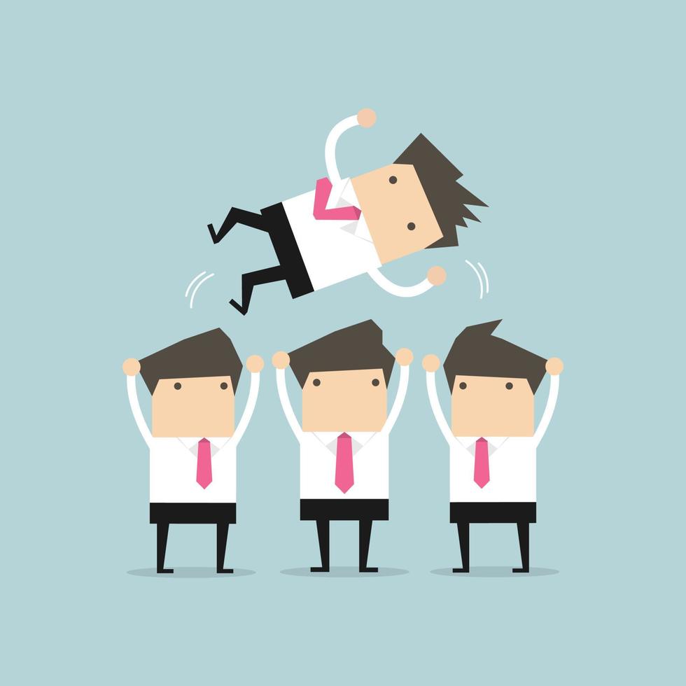 Businessman being throwing up by his teamwork. vector