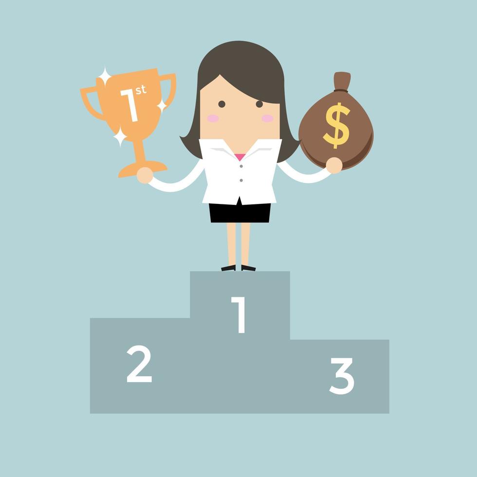 Businesswoman standing on the winning podium holding trophy and a bag of money. vector