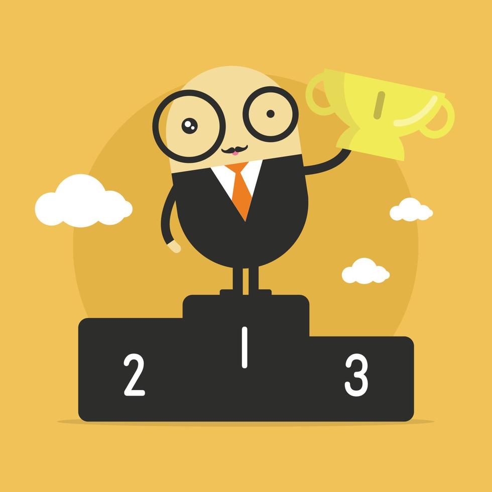Businessman cartoon character winner holding a number one trophy. vector