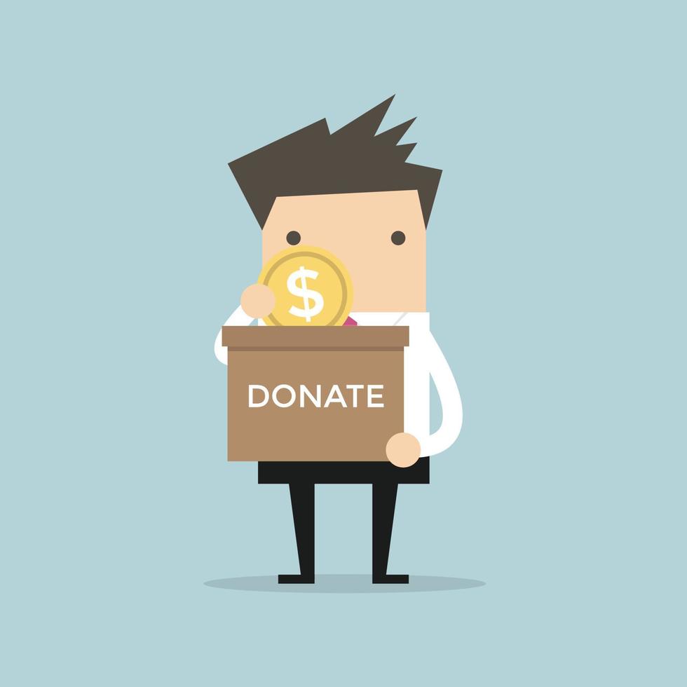 Businessman putting coin in the donation box. vector