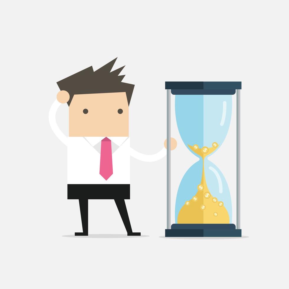 Businessman is looking at hourglass with Gold coins. Time is money. vector