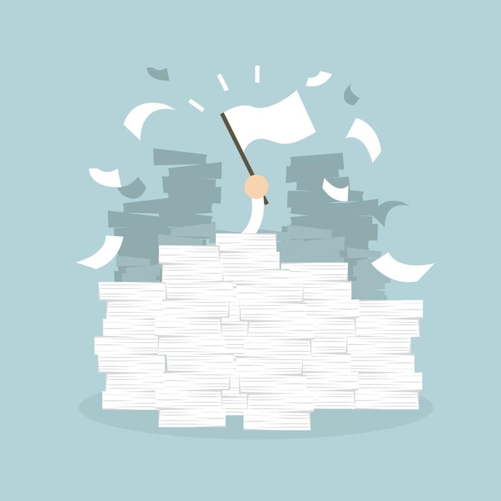 Businessman hand with white flag. Office desk loaded of paperwork , invoices and a lot of papers, documents. vector