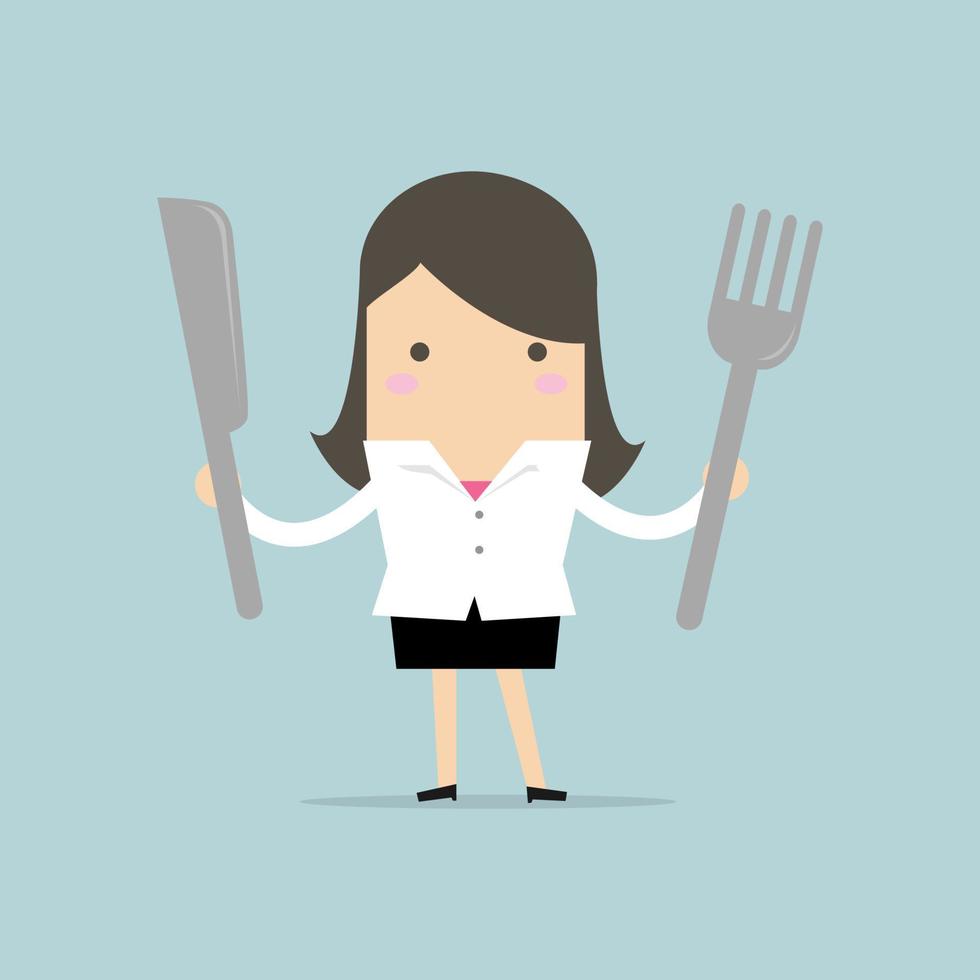 Businesswoman with fork and knife. vector