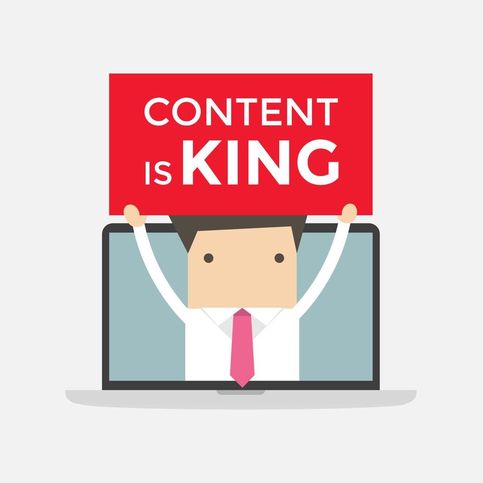 El empresario que sostiene el contenido es el signo del rey en el cuaderno de la computadora, la optimización de motores de búsqueda seo y el concepto de marketing de contenido. vector