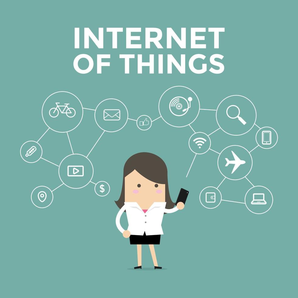 Businesswoman holding mobile phone connected to various objects, Internet of things. vector