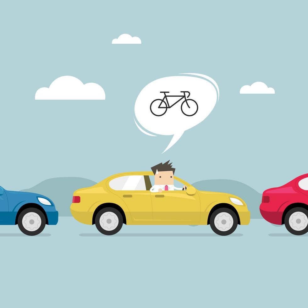 Businessman on the road with traffic jam, Thought to work by bike better. vector