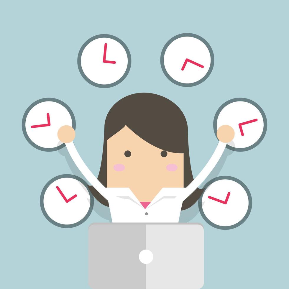 Businesswoman working with many clocks. vector