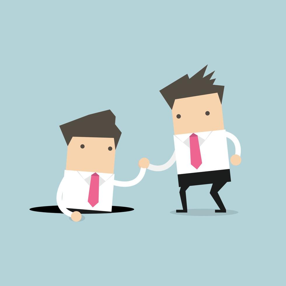 Businessman helping his friend by take him out from the hole. vector