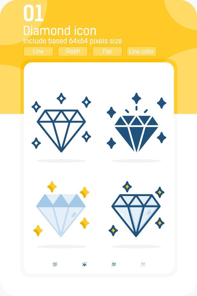 Diamond premium icon set with multiple style isolated on white background. Jewelry vector icon design template for web design, apps, logo, finance, business and more. Include 64x64 pixel perfect