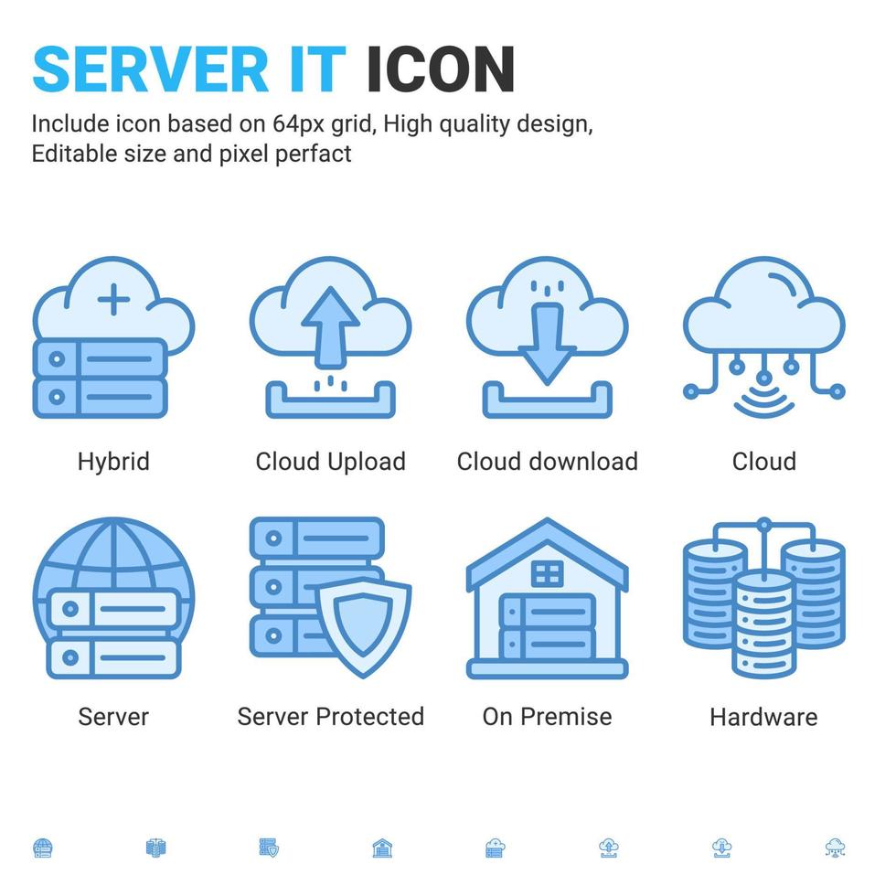 Server IT and technology icon set. Editable size. With blue ui style on isolated white background. Server IT icon set contains such icons as cloud, hybrid, server, hardware, on premise and other vector