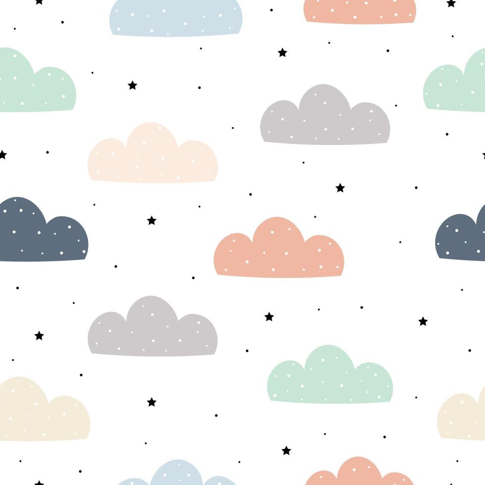 Hand-drawn background with pastel clouds on a white sky Cute seamless patterns for kids Design ideas for publication, wallpaper, wrapping paper, textiles, clothing. Vector illustration
